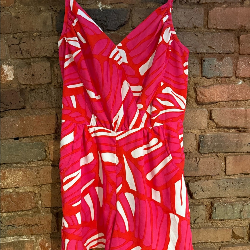 Southern Frock Red and Pink Leaf Print romper with pockets size s